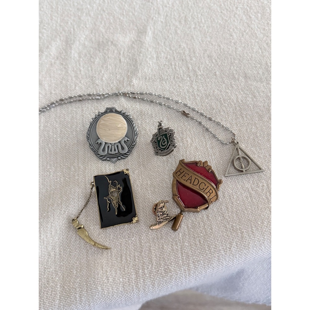 Harry Potter Accessory Lot Deathly Hallows Necklace Head Girl Slytherin Pins